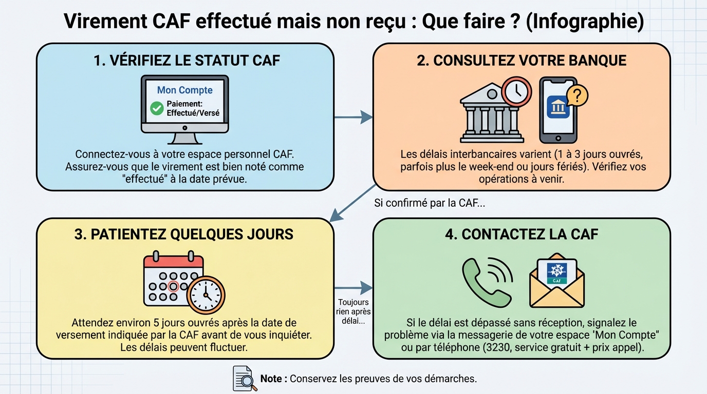 Virement CAF effectué mais rien sur mon compte : que faire ? 1 Pourquoi un virement CAF peut être retardé ?