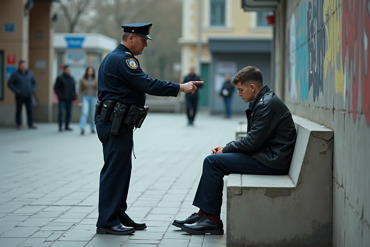 Agent en uniforme exerçant une pression abusive sur un civil dans un espace public, symbolisant les dérives de l'autorité
