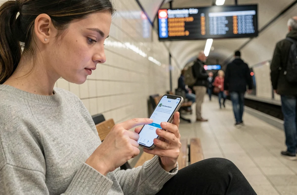 Agente RATP accédant à son compte CSE2 via smartphone dans une station de métro parisienne