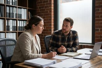Femme en entretien d'accompagnement professionnel avec un coach de carrière dans un bureau contemporain