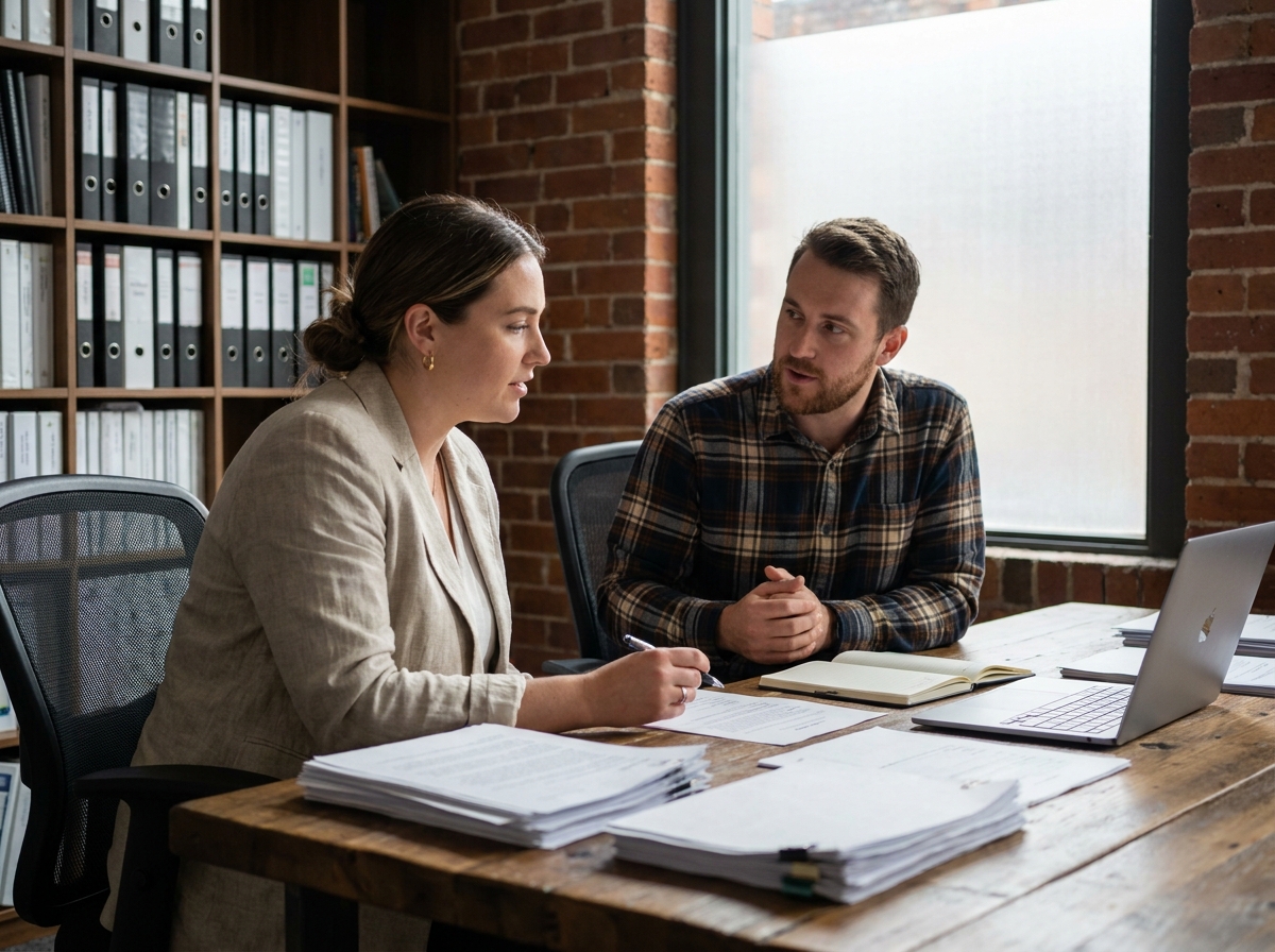 Femme en entretien d'accompagnement professionnel avec un coach de carrière dans un bureau contemporain