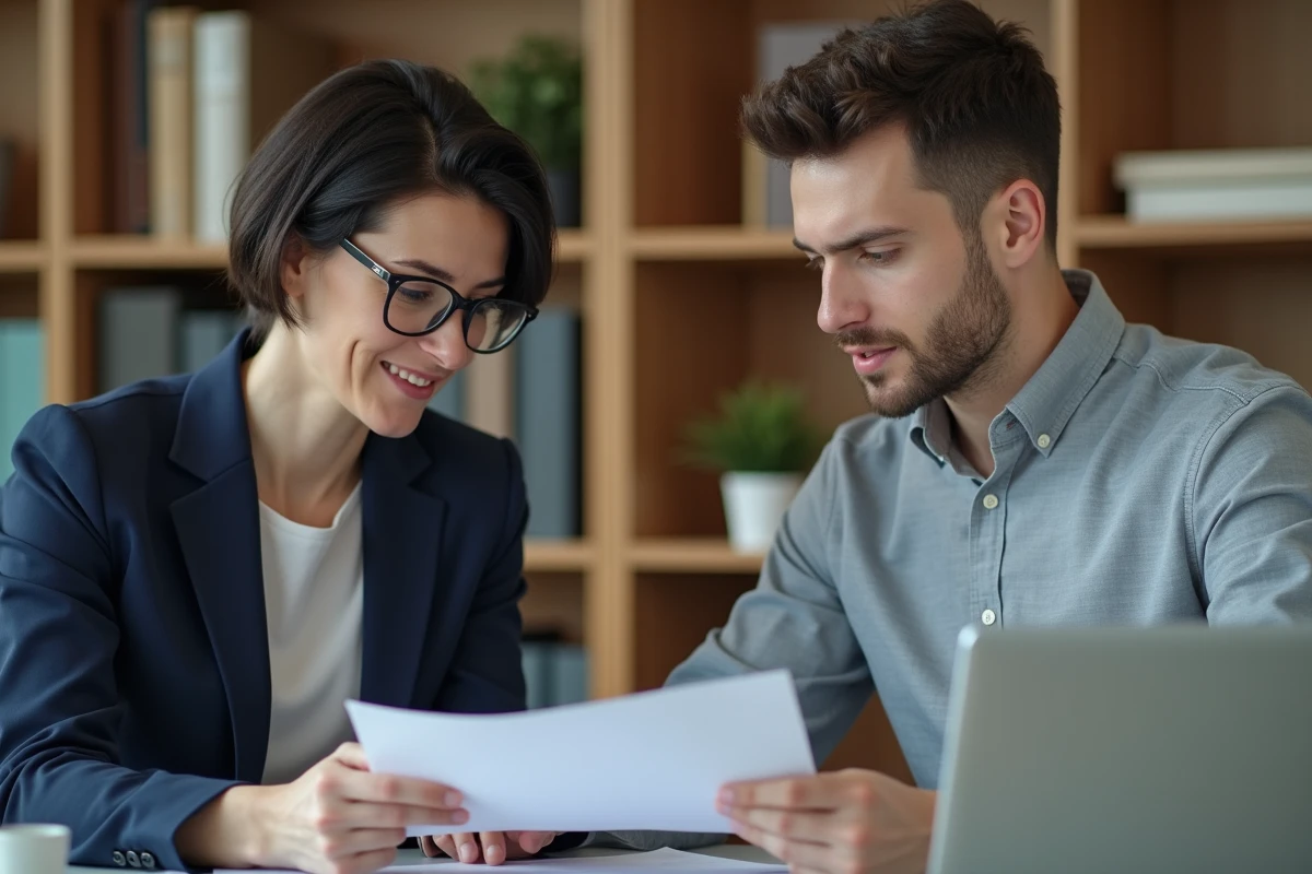 Conseillère en emploi aidant un candidat à analyser son dossier de candidature dans un bureau professionnel moderne