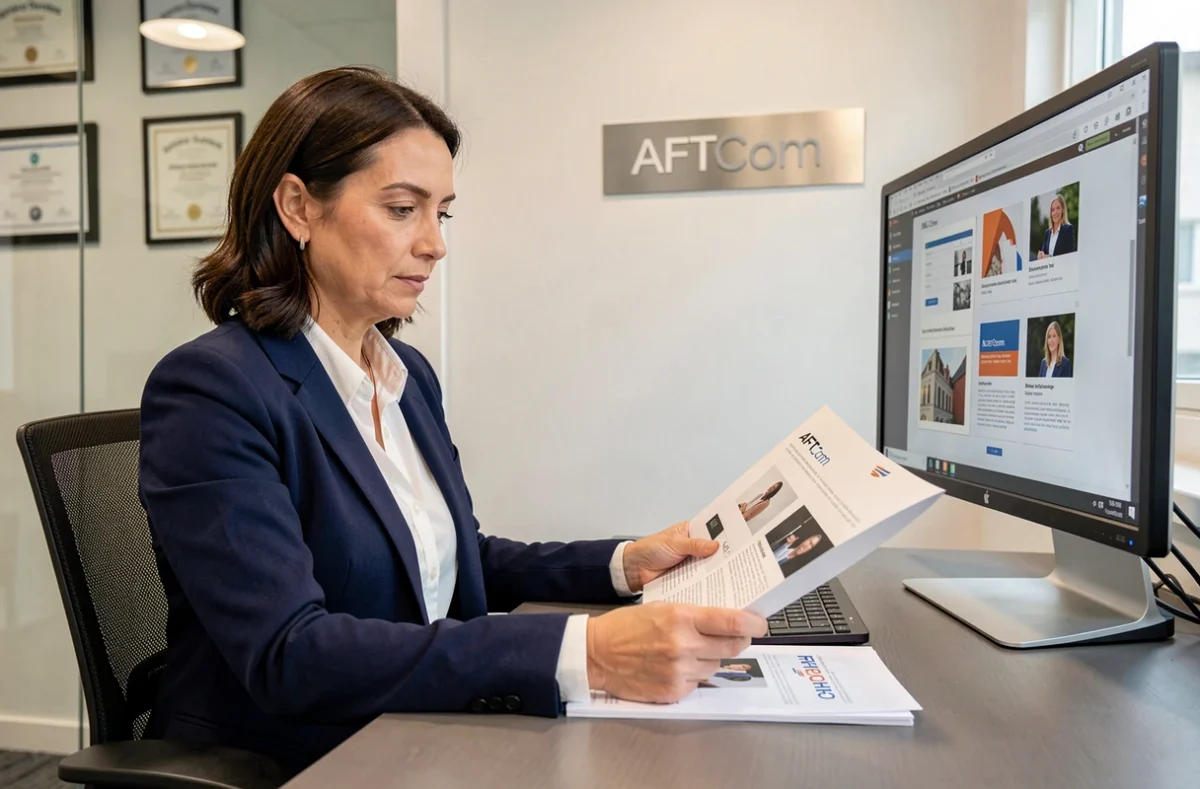 Professionnelle de l'agence AFTCom travaillant sur des supports de communication et de branding dans un bureau moderne