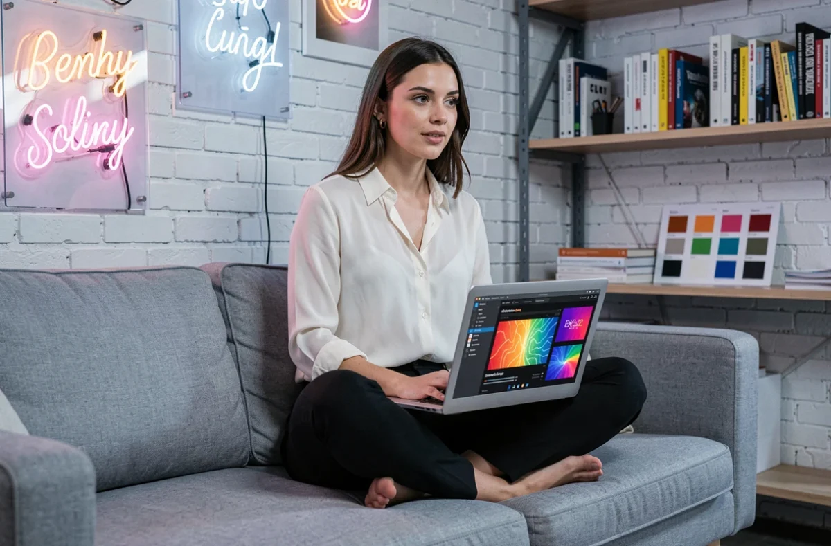 Créatrice de l'agence Nysska travaillant sur des visuels numériques dans un studio de design moderne