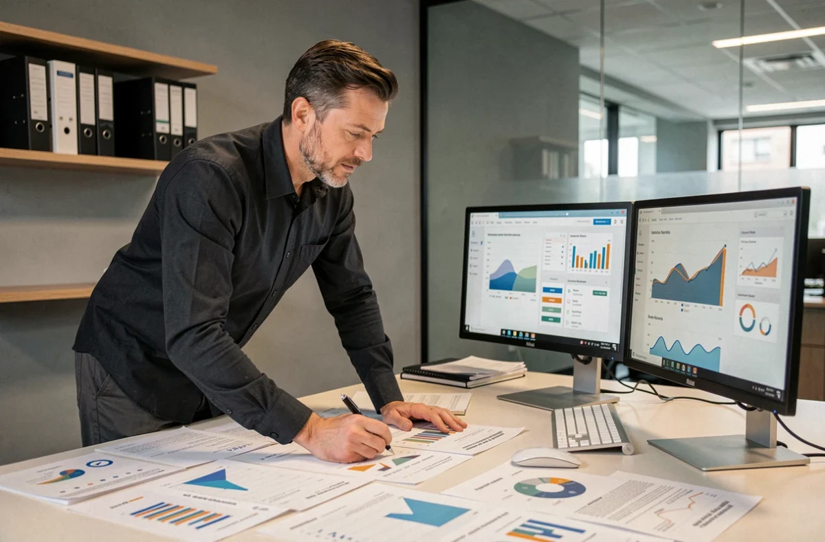 Analyste de l'agence Optimark examinant des rapports de performance de campagnes marketing sur bureau