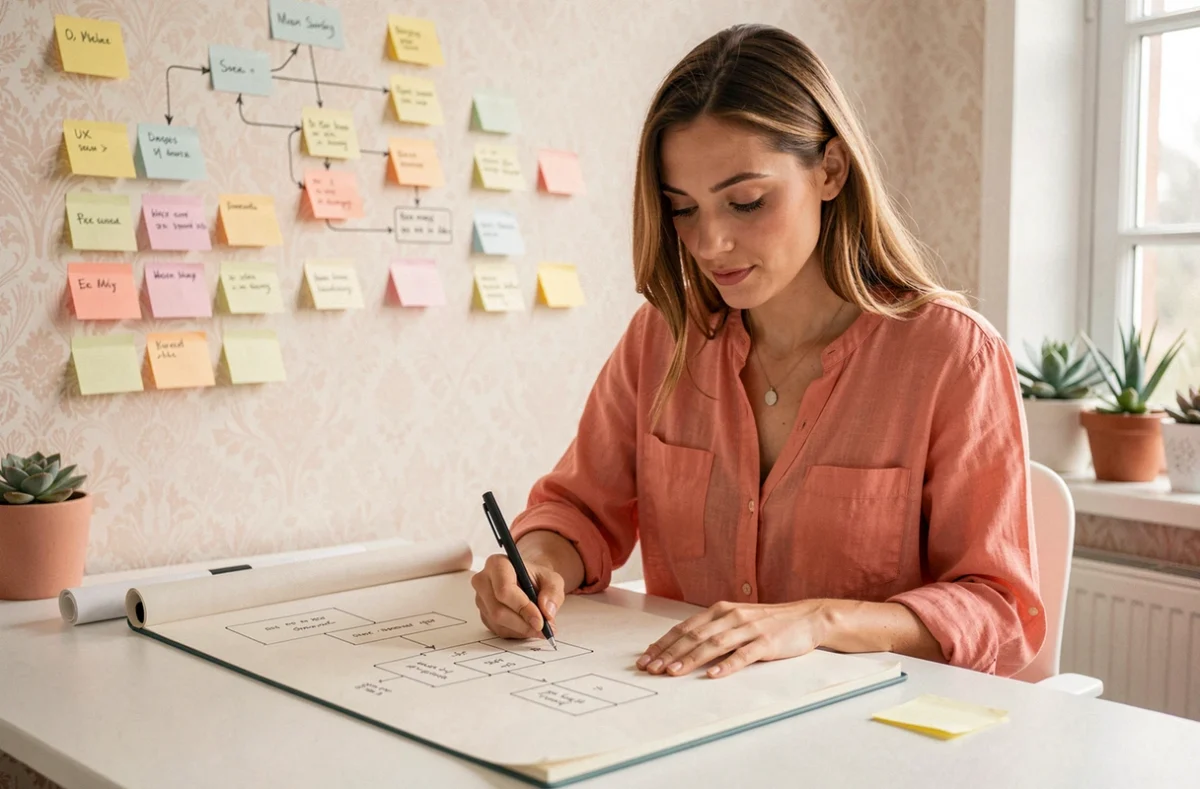 Designer UX de l'Agence Pulsi esquissant des wireframes dans un studio créatif lumineux