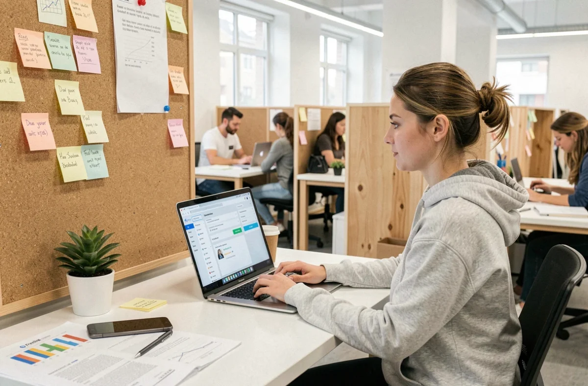 Consultante digitale de l'agence Freelink travaillant sur une campagne de netlinking dans un espace de co-working