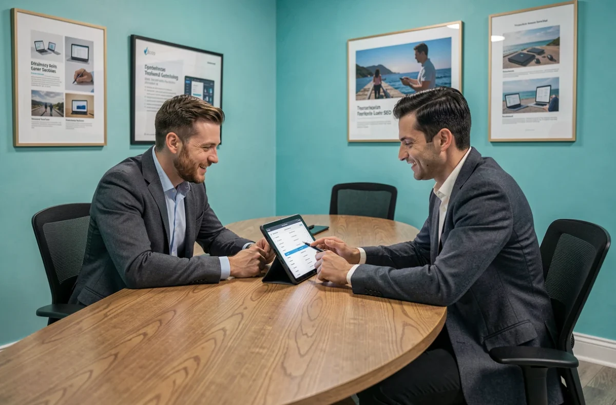 Équipe de l'agence Jloo collaborant sur un audit SEO technique dans un studio créatif aux accents côtiers