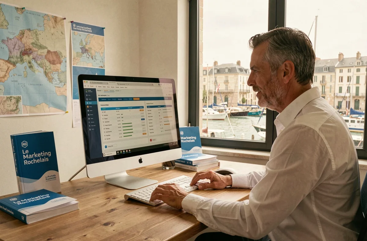 Directeur marketing de l'agence Le Marketing Rochelais analysant des résultats SEO locaux avec vue sur le vieux port de La Rochelle