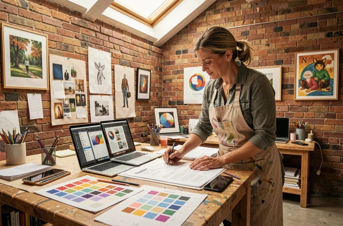Directrice artistique de l'agence MédiArt révisant une stratégie de contenu SEO visuel dans un atelier créatif