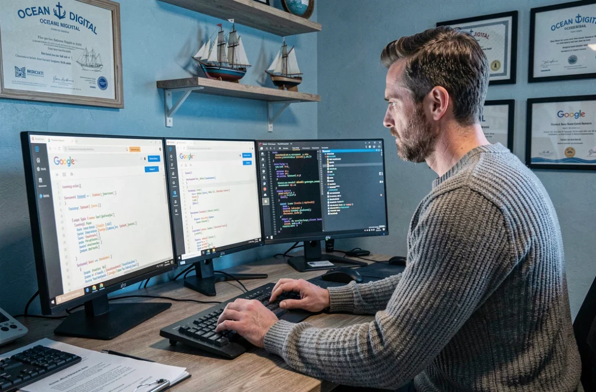 Développeur web de l'agence Ocean Digital travaillant sur l'optimisation technique SEO dans un bureau aux tonalités nautiques