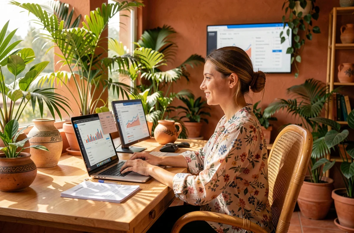 Consultante SEO de l'Agence Pampa travaillant sur l'optimisation de contenu dans un bureau chaleureux aux touches tropicales et terracotta