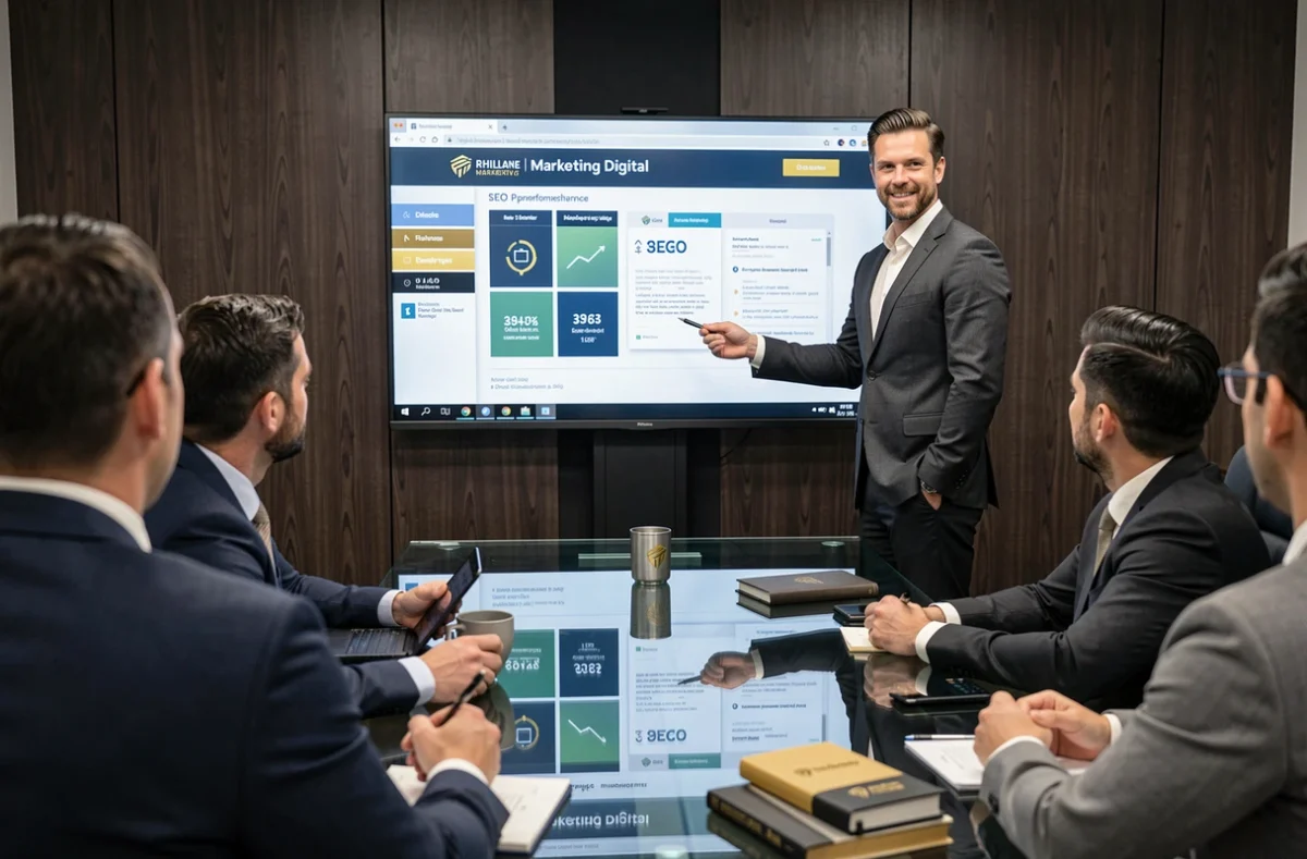 Spécialiste en marketing digital de Rhillane Marketing Digital présentant un rapport SEO lors d'une réunion client dans une salle moderne