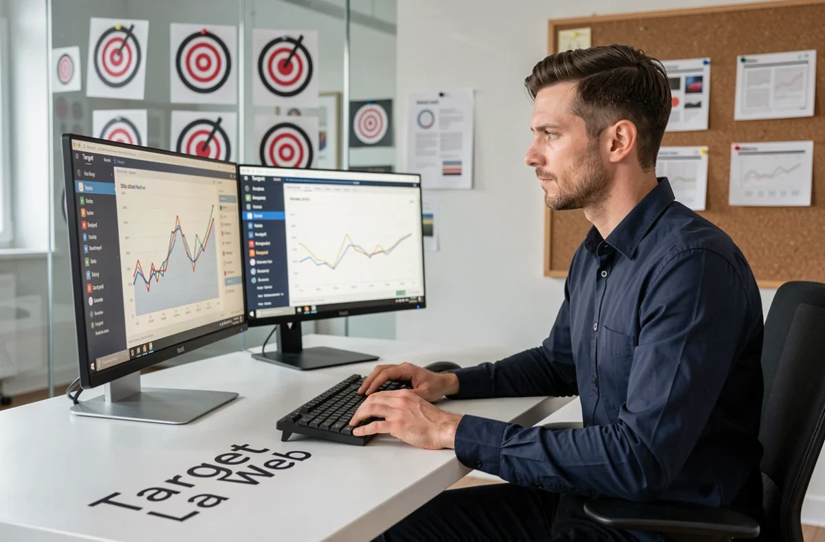 Stratège web de l'agence Target Web analysant des données SEO sur deux écrans dans un bureau moderne
