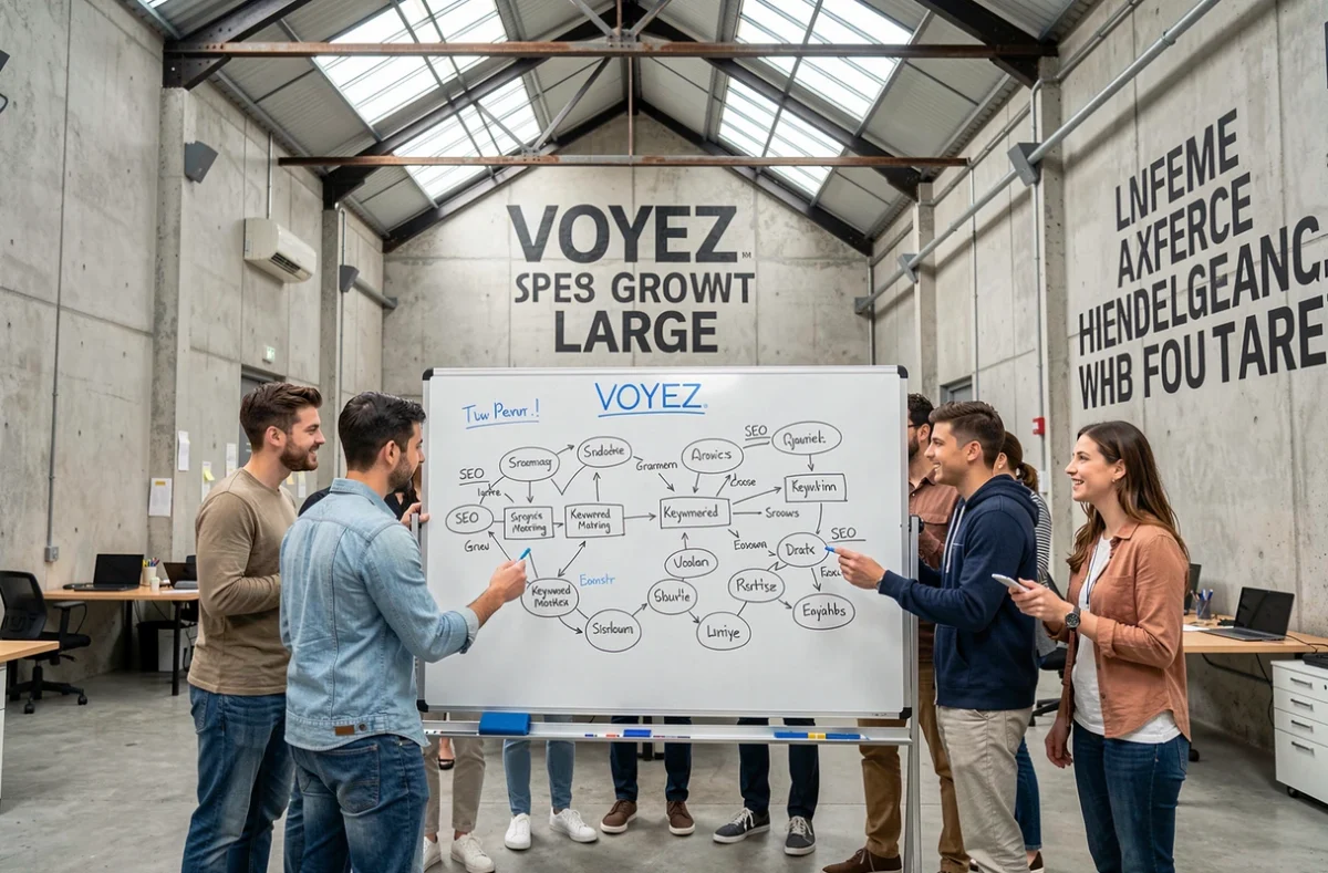 Équipe de l'agence Voyez Large en session de brainstorming SEO dans un studio industriel aux hauts plafonds