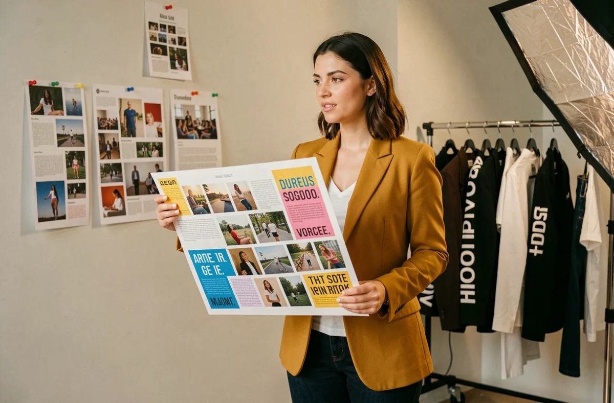 Professionnelle de l'agence Yoolight présentant un concept visuel créatif dans un studio de production