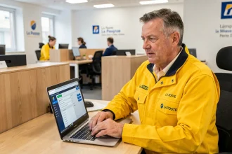 Agent La Poste consultant le portail extranet GTm sur un ordinateur portable dans un bureau administratif