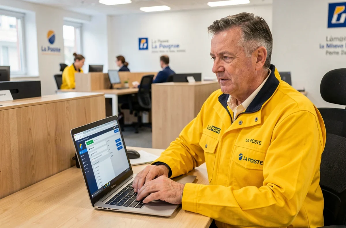Agent La Poste consultant le portail extranet GTm sur un ordinateur portable dans un bureau administratif