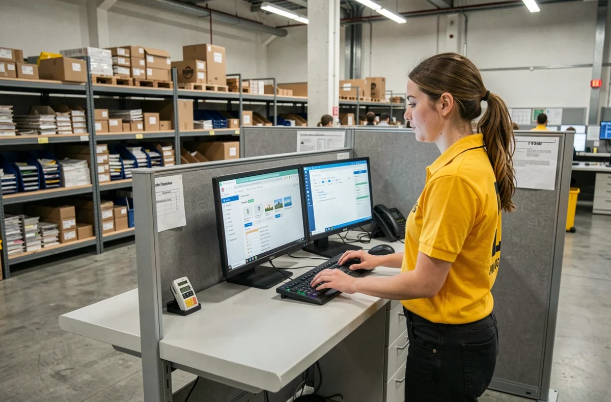 Agente La Poste utilisant un terminal informatique dans un centre de tri pour accéder à l'extranet professionnel