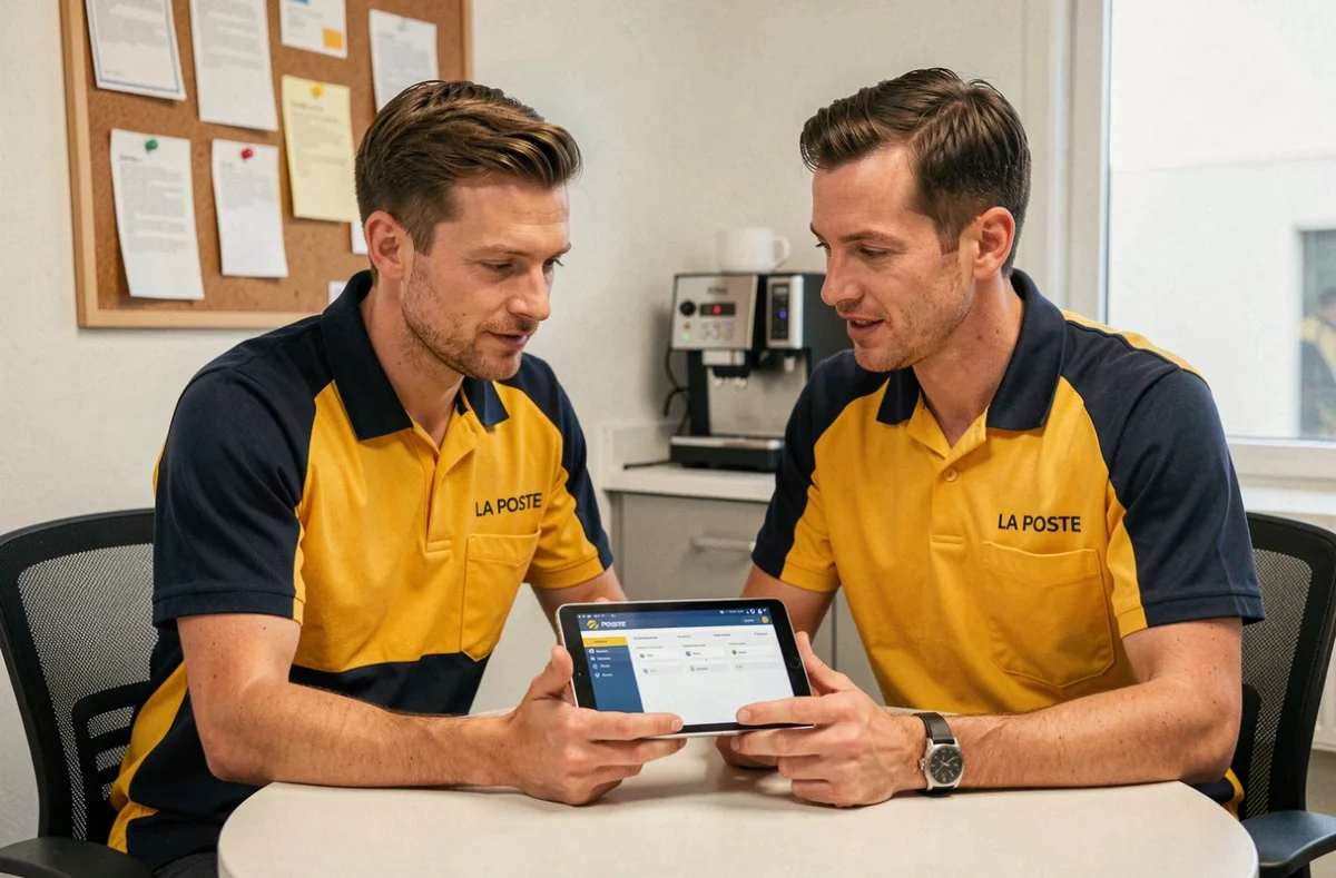 Deux agents La Poste échangeant autour d'une tablette affichant un portail extranet professionnel dans une salle de réunion