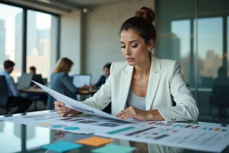 Directrice créative analysant une campagne publicitaire imprimée dans une agence moderne