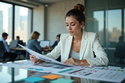 Directrice créative analysant une campagne publicitaire imprimée dans une agence moderne