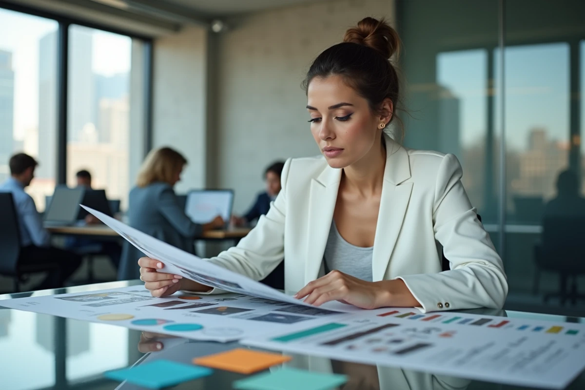 Directrice créative analysant une campagne publicitaire imprimée dans une agence moderne