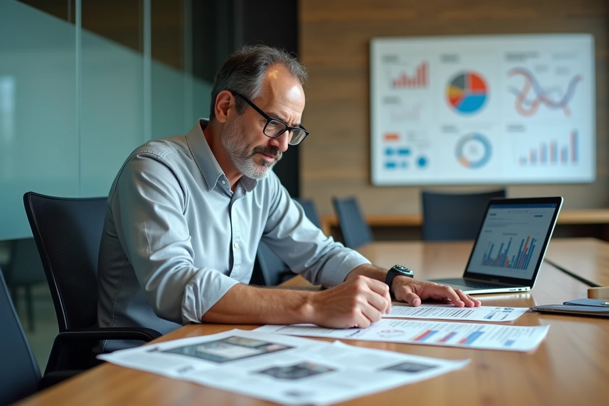 Consultant analysant et comparant plusieurs formats publicitaires imprimés et numériques sur une table de réunion
