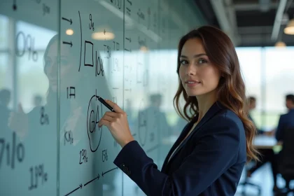 Femme cadre analysant des indicateurs de performance sur un tableau de stratégie en entreprise