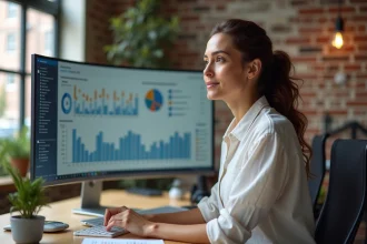 Femme analysant des tableaux de bord de marketing numérique sur un écran dans un bureau moderne