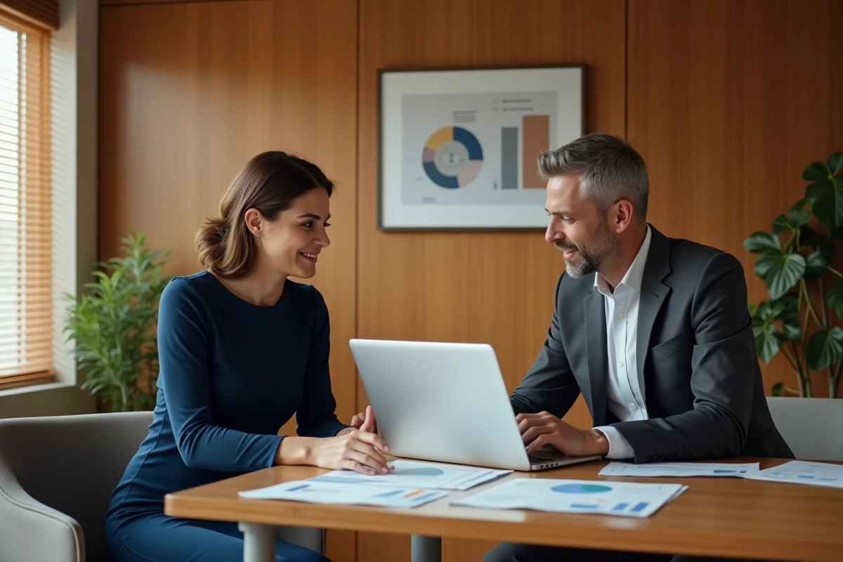 Deux professionnels analysant des données de performance publicitaire dans un bureau moderne