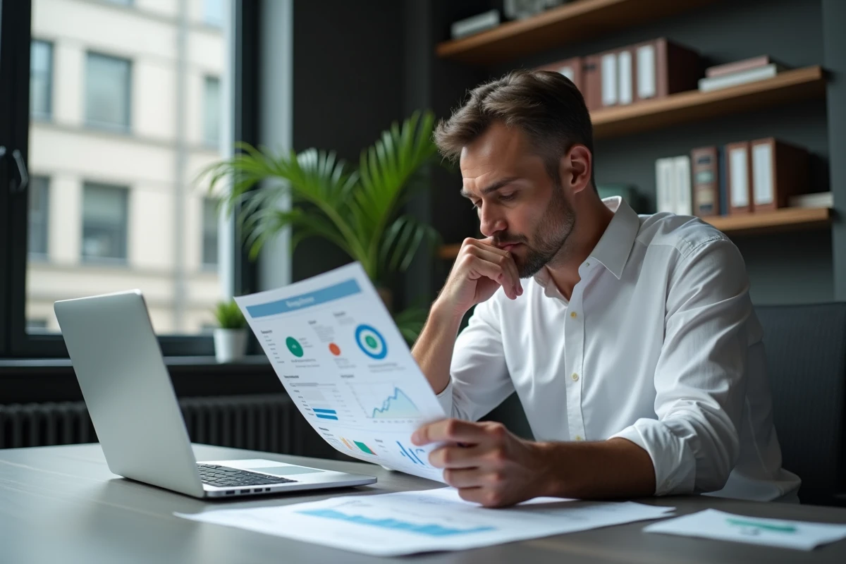 Homme d'affaires étudiant un rapport de stratégie avec des graphiques de performance dans un bureau à domicile