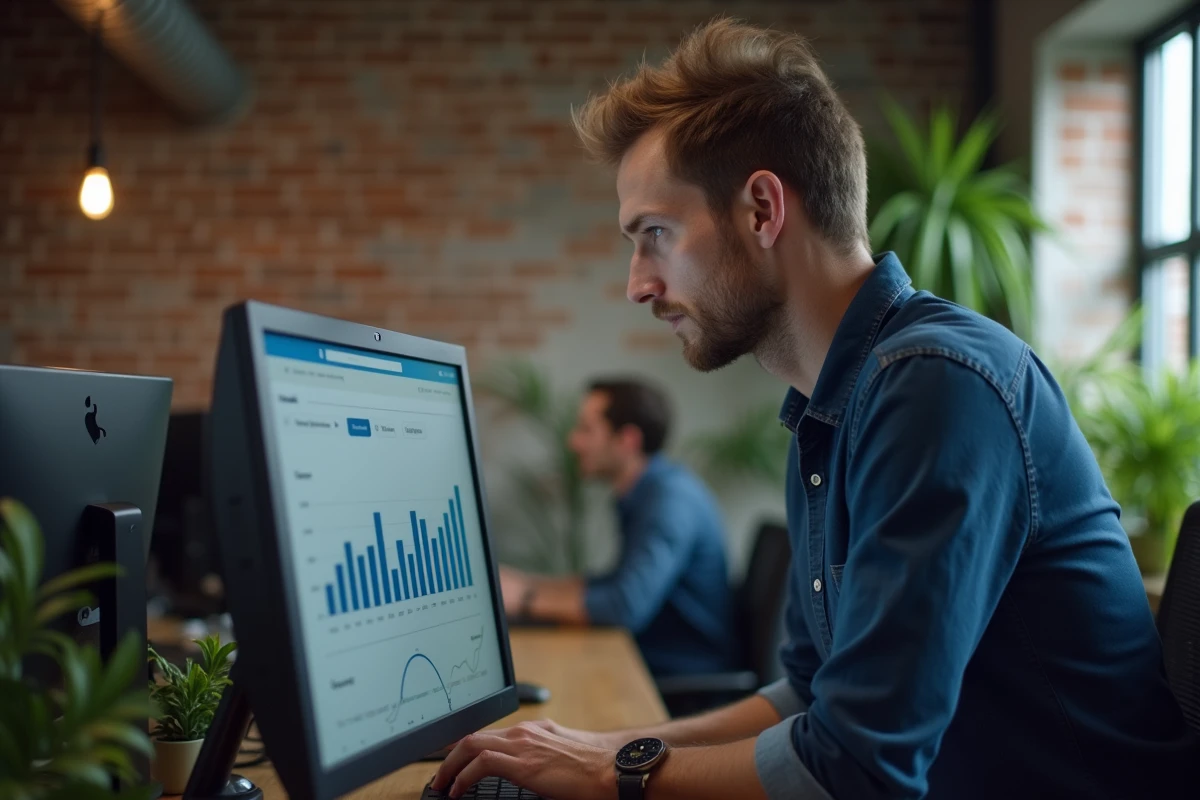 Un homme analyse les statistiques de fréquence de publication Facebook sur un écran dans un espace de coworking