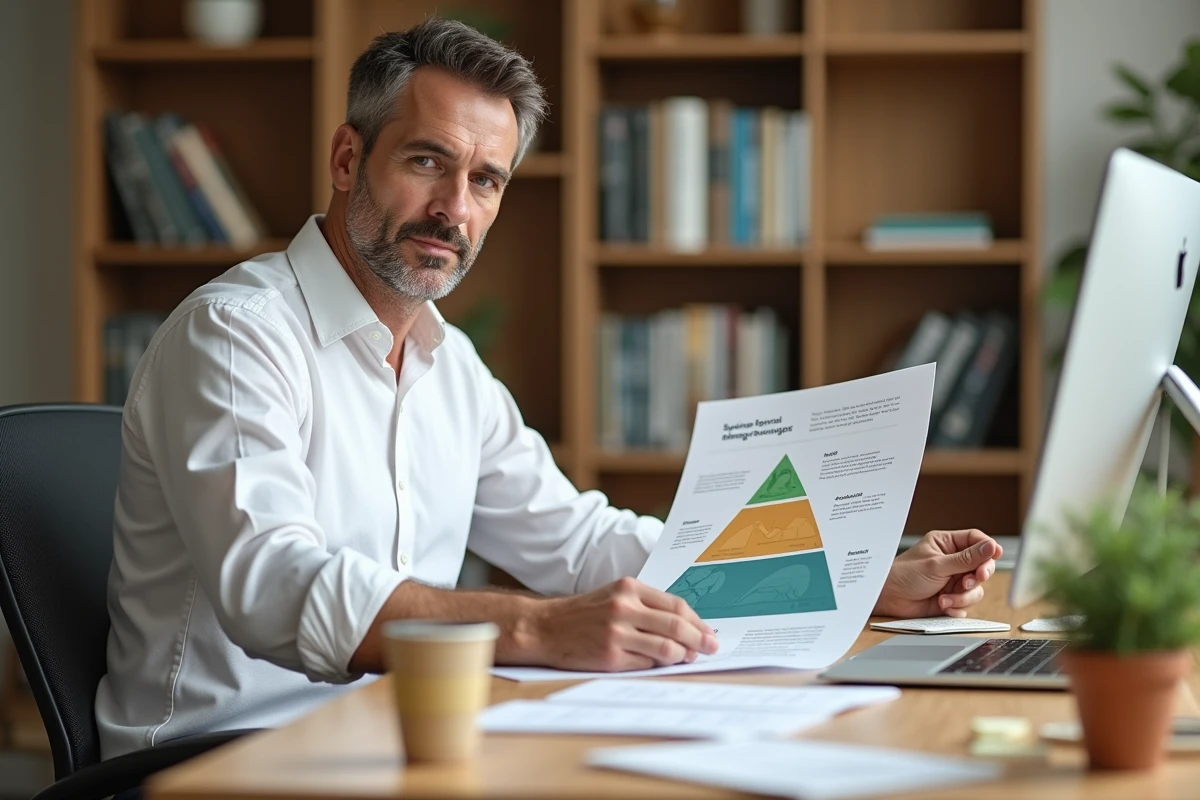 Homme analysant un schéma des trois piliers de la RSE — social, environnemental et économique — dans un bureau durable