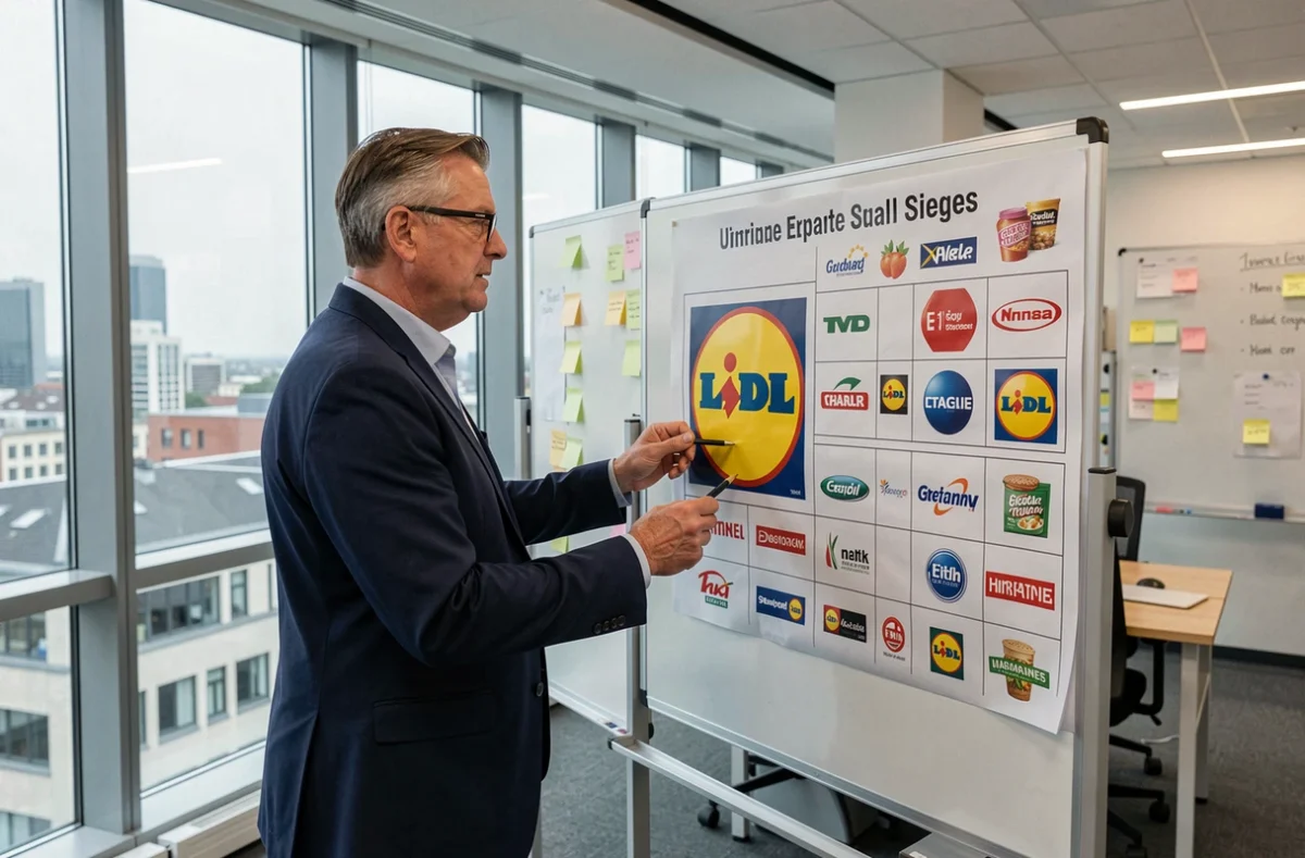 Analyste retail devant un tableau comparatif de logos de supermarchés européens avec le logo Lidl en évidence