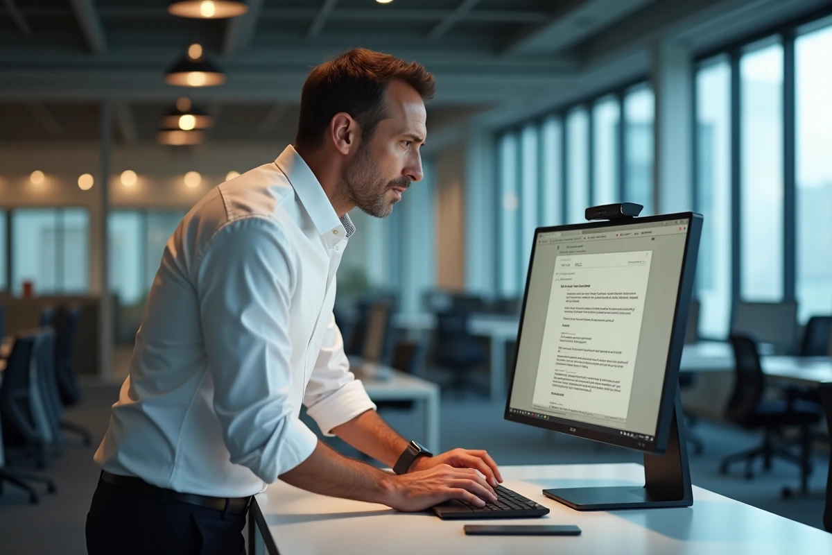 Homme en bureau open-space cherchant à annuler l'envoi d'un email déjà ouvert par le destinataire