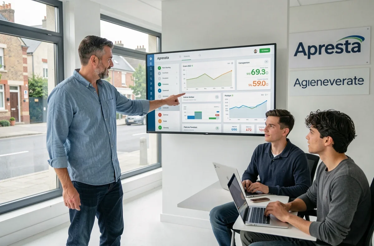 Responsable de projet de l'agence Apresta présentant un tableau de bord SEO multi-clients à son équipe dans un open space lumineux