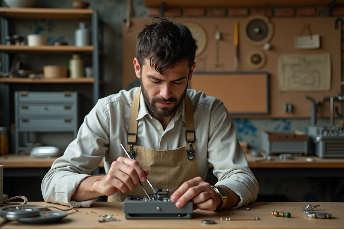 Artisan réparant un appareil électronique dans un atelier de réparation urbain, symbole du réemploi et de l'économie circulaire