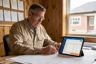 Artisan du bâtiment consultant un devis sur tablette dans son bureau de chantier, entouré de plans et de documents de construction