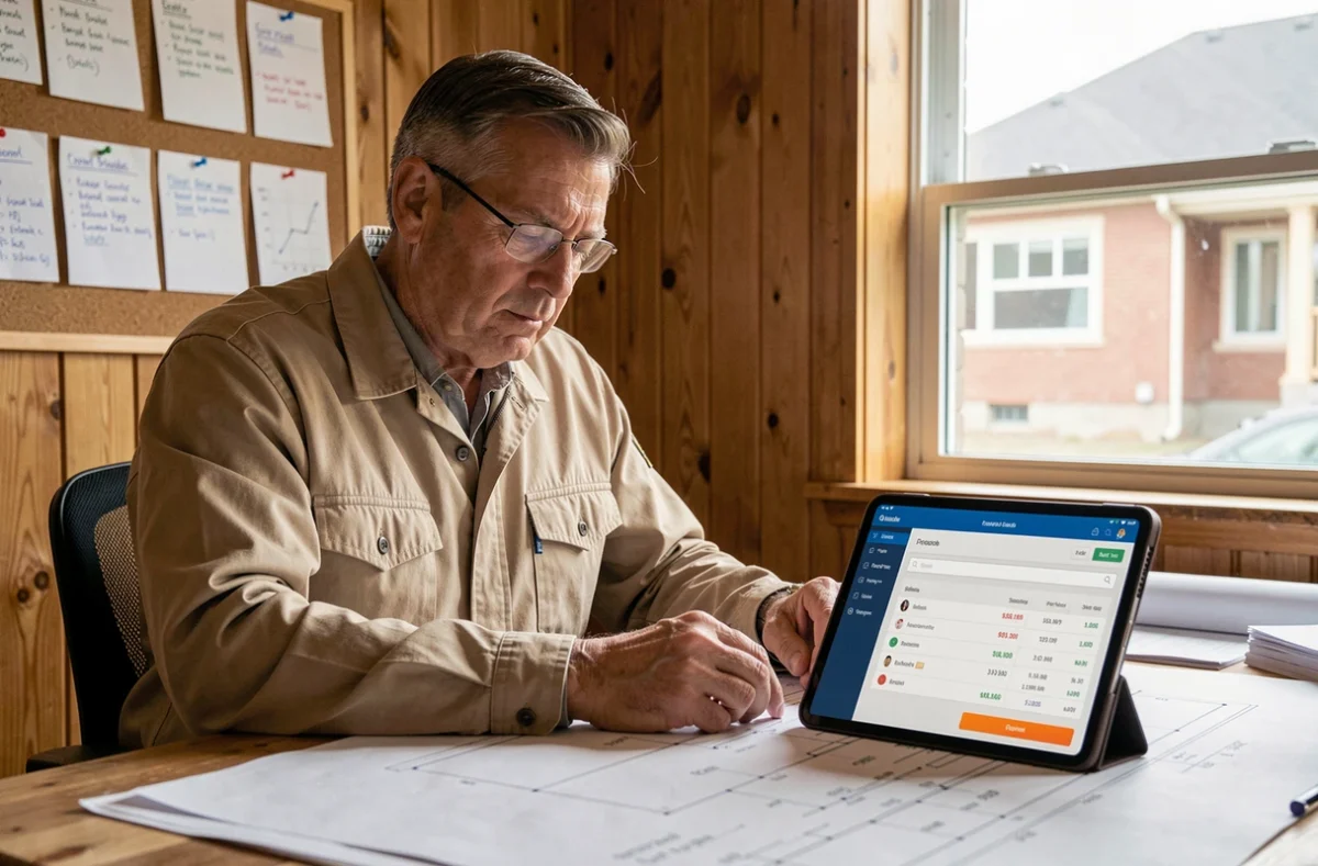 Artisan du bâtiment consultant un devis sur tablette dans son bureau de chantier, entouré de plans et de documents de construction