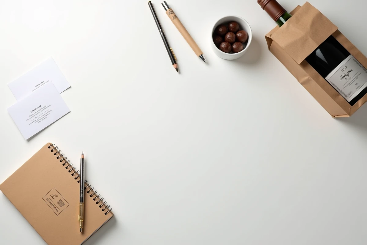 Assortiment de cadeaux d'entreprise posés sur un bureau blanc, illustrant les types de cadeaux soumis à la valeur maximale autorisée