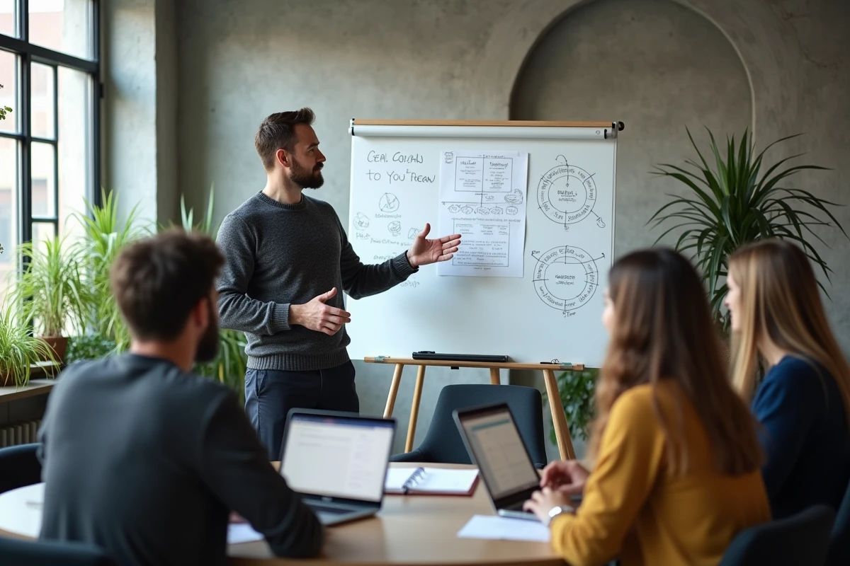Coach animant un atelier de groupe devant un tableau blanc dans un espace de coworking moderne