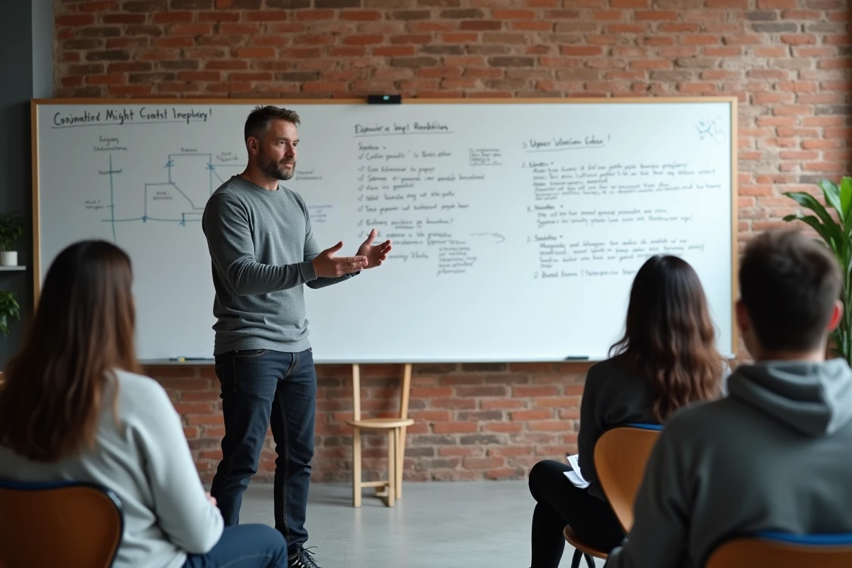 Coach animant un atelier de groupe devant un tableau blanc dans un espace de coworking