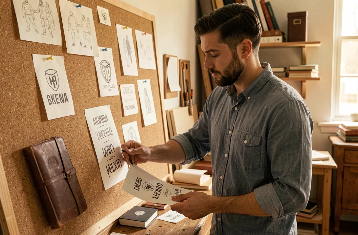 Designer de l'Atelier Flavien arrangeant des maquettes typographiques dans un studio artisanal chaleureux