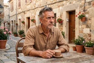 Homme corse assis en terrasse d'un café traditionnel, exprimant un regard pensif face à l'arrivée de McDonald's en Corse