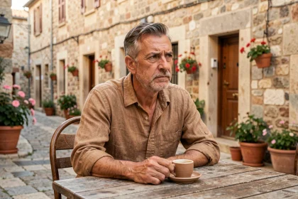 Homme corse assis en terrasse d'un café traditionnel, exprimant un regard pensif face à l'arrivée de McDonald's en Corse