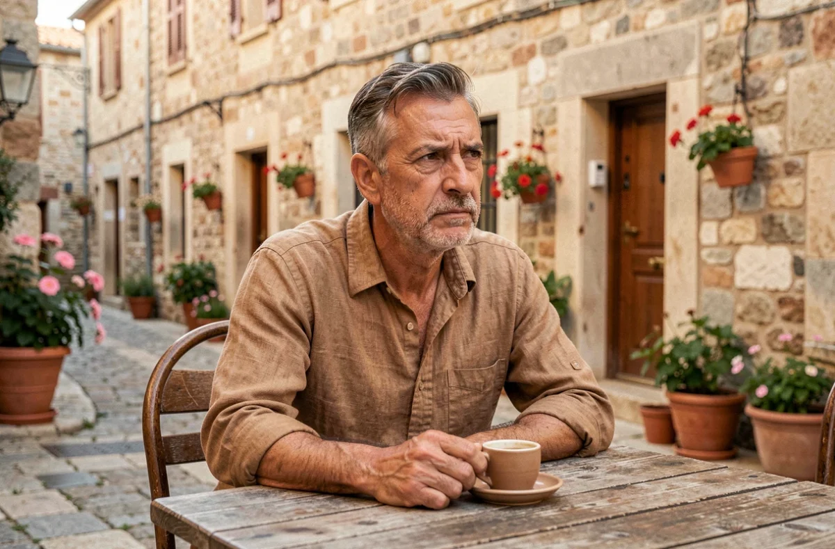 Homme corse assis en terrasse d'un café traditionnel, exprimant un regard pensif face à l'arrivée de McDonald's en Corse