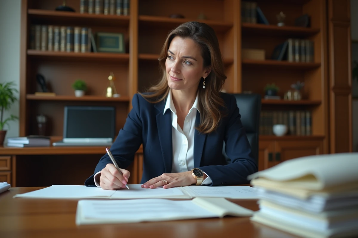 Avocate en droit du travail assise à son bureau examinant un contrat de travail dans un cabinet juridique