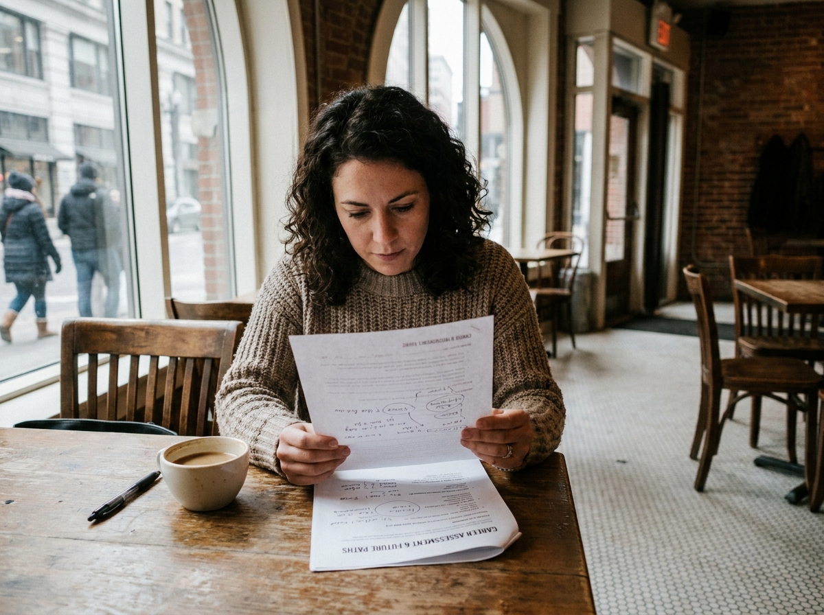 Femme analysant seule un bilan d'orientation professionnelle dans un café urbain avec des documents annotés