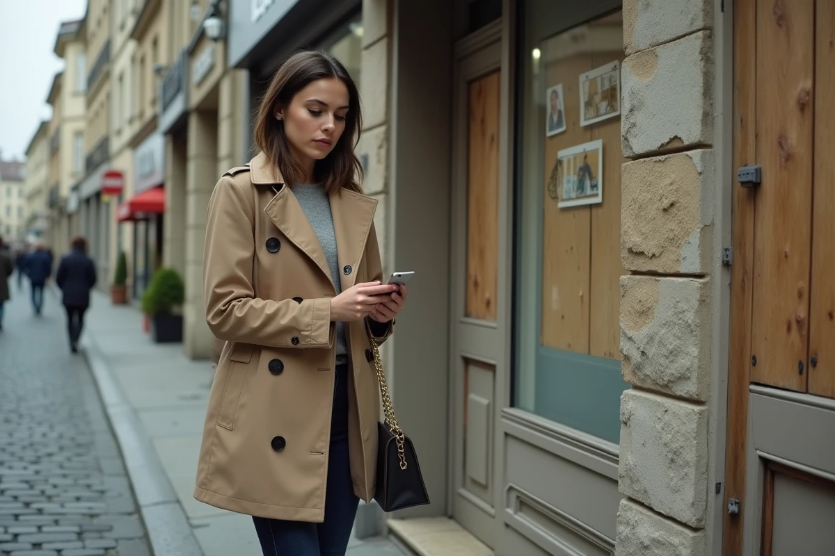 Jeune femme devant une boutique fermée cherchant des informations sur une entreprise disparue